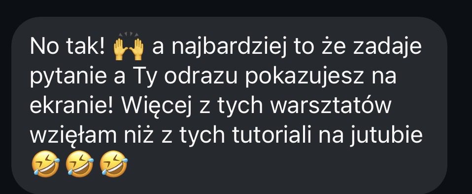 Opinia uczestniczki warsztatów Canva, która podkreśla naukę na żywo i większą wartość niż tutoriale na YouTube.